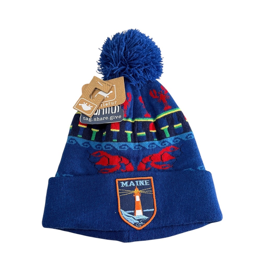 Turtle Fur Maine Lighthouse Lobster Blue Knit Pom Beanie Hat Kids NWT